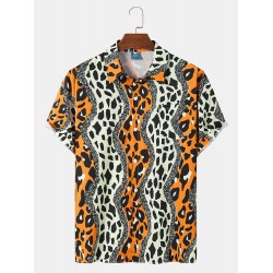 Mens Leopard Print Chest Pocket Street Short Sleeve Shirts