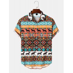 Mens Horse Graphic Geometric Ethnic Short Sleeve Shirts